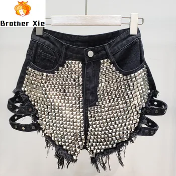 

Euro-American Heavy Industry Rivet Ribbon Dark Slope Sexy Ultra Short Jeans Hot Trousers Women Ripped Denim Shorts