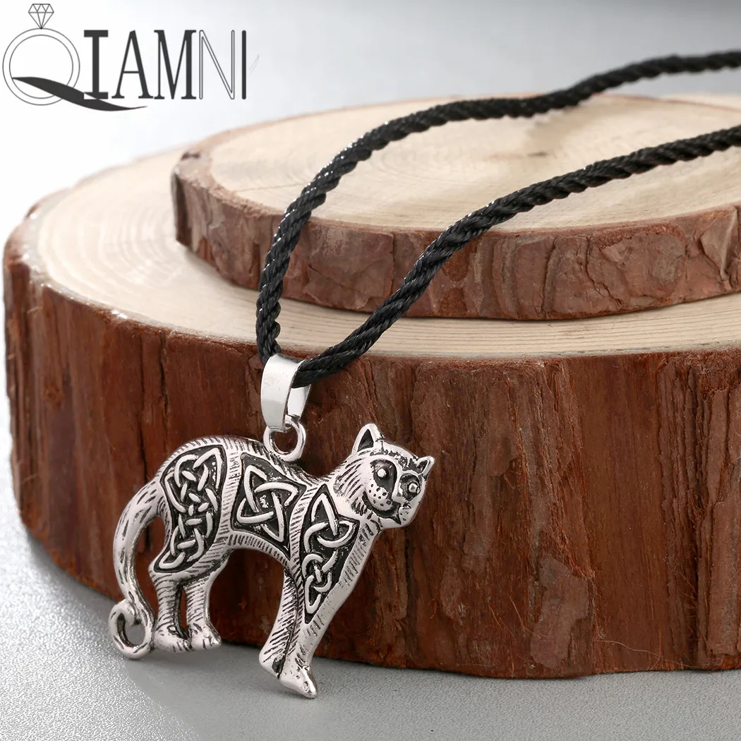 

QIAMNI Retro Viking Cat Animal Amulet Pendant Necklace Original Valknut Irish Knot Textured Leopard Men Jewelry Rope Choker Gift
