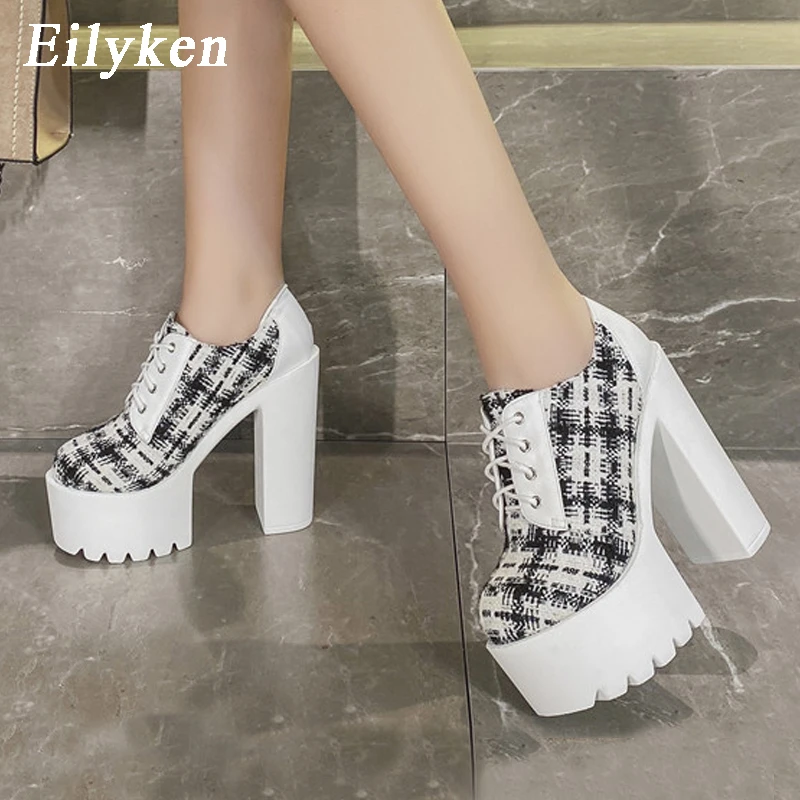 

Eilyken New Design White Black Lattice Casual High Heels Fashion Round Toe Lace Up Platform Thick Heel Women Motorcycle Boots