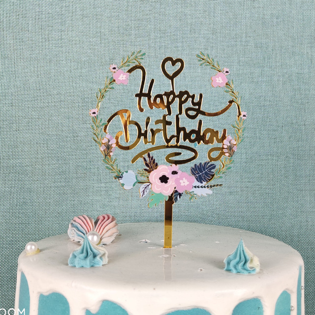Flowers Happy Birthday Cake Topper Gold Colored Printing Acrylic Cake Topper For Kids Girls Birthday Party Cake Decorations