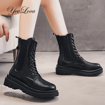 

Leather Ankle Boots Flat Women Fashion PU Leather Lace-Up Motorcycle Short Platform Stretch Ankle Boots Black High Top Shoes