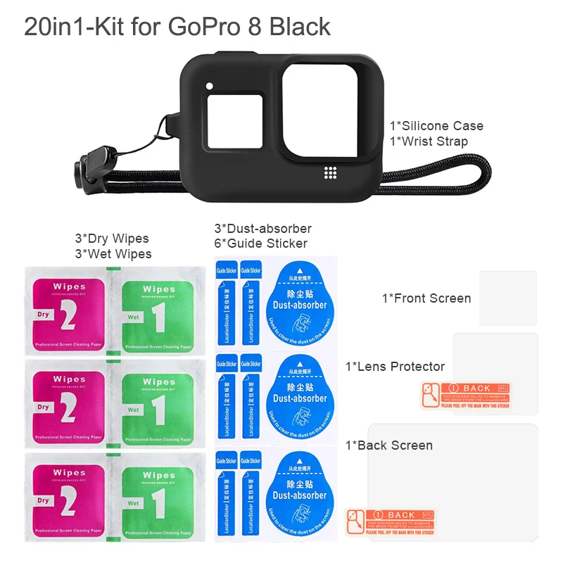 Силиконовый чехол для GoPro Hero 8, черное закаленное стекло, защита экрана, защитная пленка для объектива, чехол для Go Pro 8, аксессуары - Colour: Black