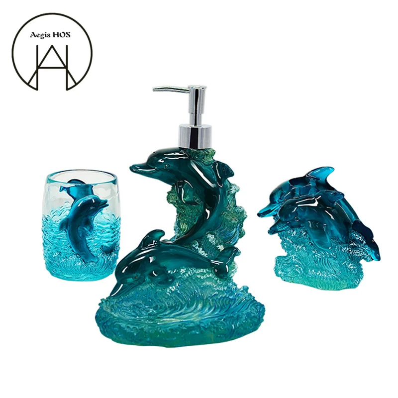4-piece dolphins love bathroom kit Theme hotel environmentally friendly resin toiletries couple toothbrush holder cup soap dish