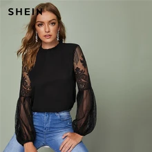 SHEIN Черная кружевная прозрачная Элегантная блузка с оборками на шее, Топ для женщин, весна-осень, топы и блузки с рукавом-стойкой