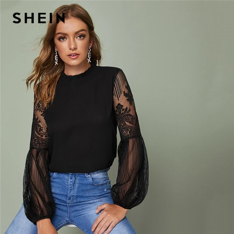 Comprare SHEIN Nero Volant Collo Pura Del Merletto Elegante Camicetta Top Donne 2019 di Autunno della Molla Del Collare Del Basamento Vescovo Manica Magliette e camicette E Camicie