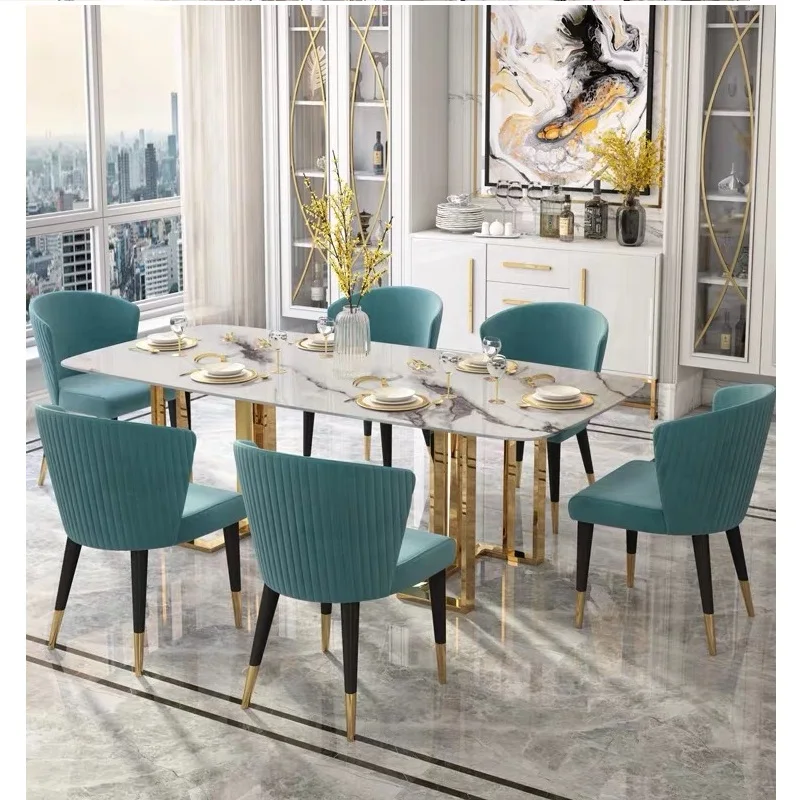 Modern luxury marble stone top Stainless steel Rectangular Italian style dining table and chairs 2 Modern luxury marble stone top Stainless steel Rectangular Italian style dining table and chairs 2