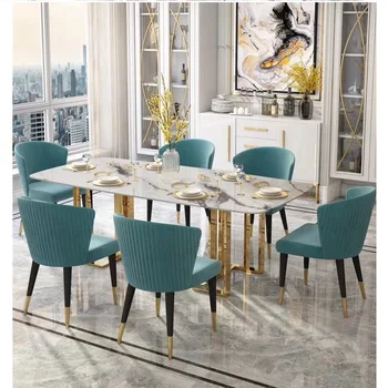 Modern luxury marble stone top Stainless steel Rectangular Italian style dining table and chairs 2