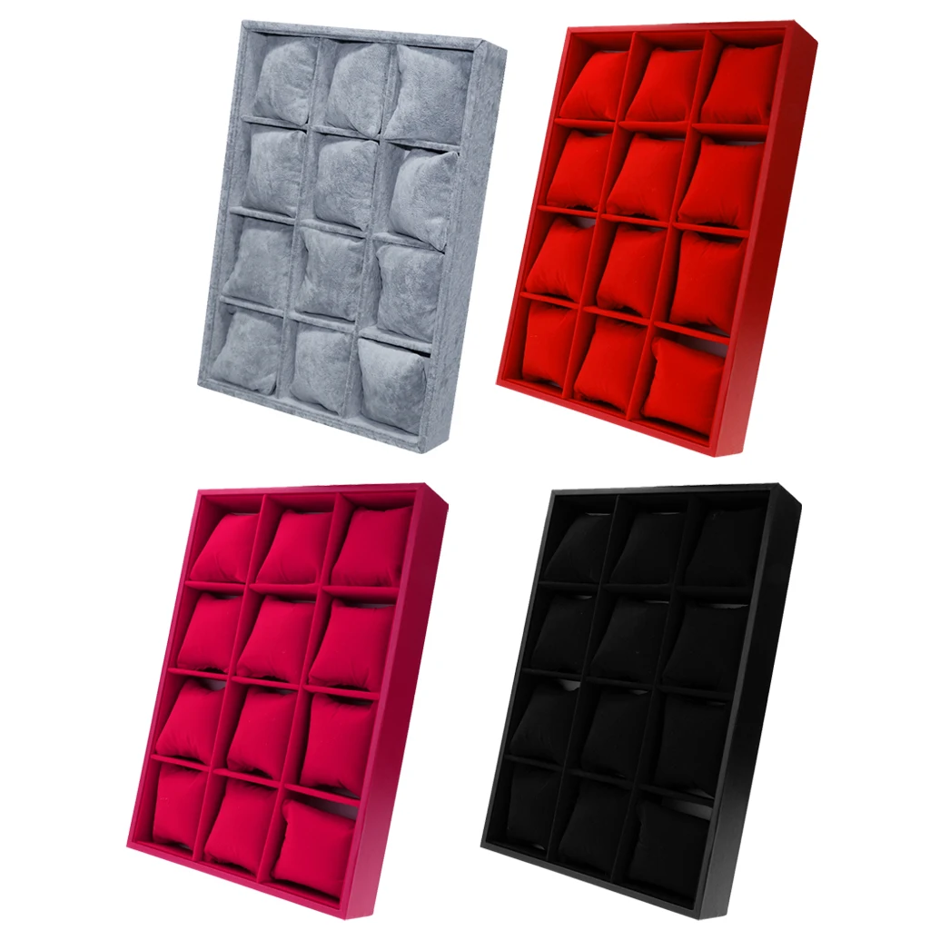 12 Grid Velvet Watch Bacelet Jewelry Display Storage Box Case Pillow Holder