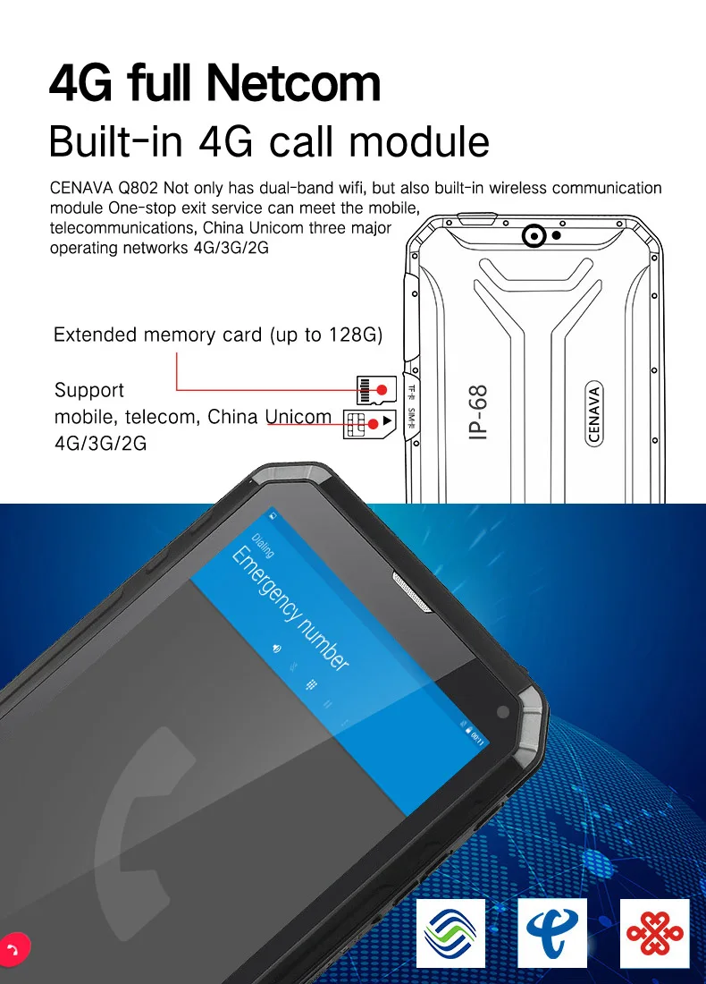 CENAVA-Q802 Android7.0 MTK6753 8 дюймов IP68CPU 4G, планшет, PC, 4 Гб оперативной памяти, 64 Гб встроенной памяти, 1920*1200 ips 8500 мА-ч