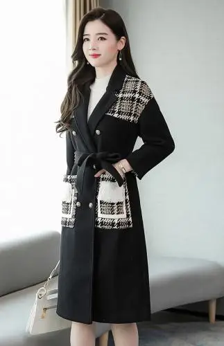 Офисная Женская куртка с отложным воротником Casaco Feminino, однотонное Пастельное лоскутное пальто, модное официальное зимнее пальто, женская одежда - Цвет: Черный