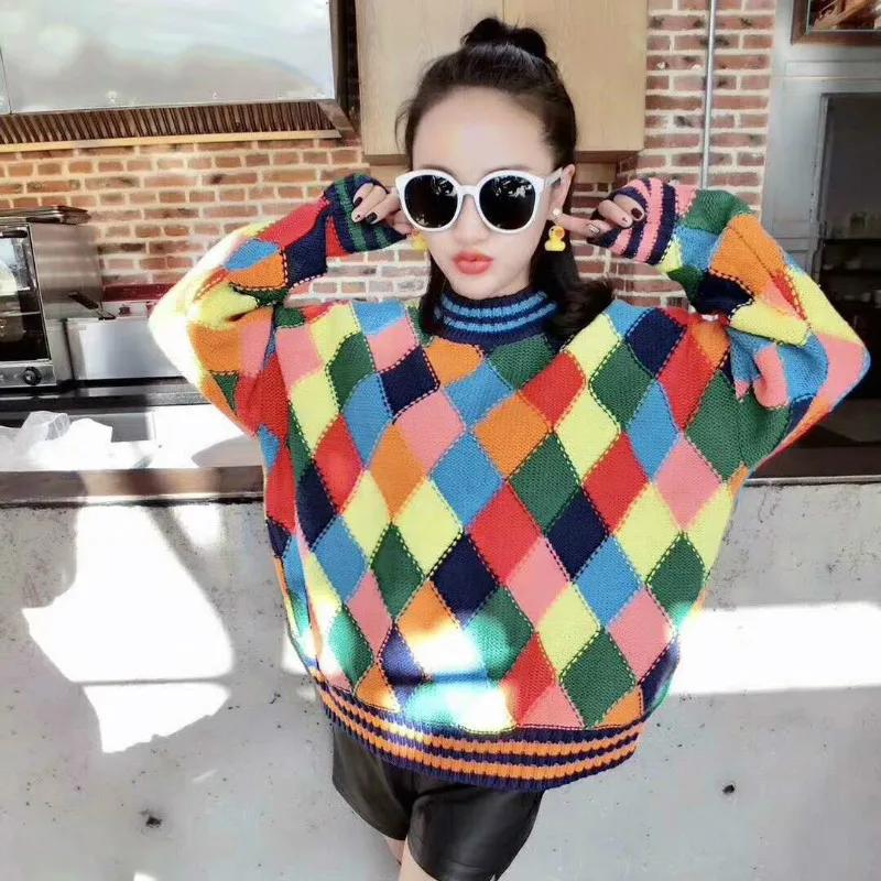 

Sweater Women Autumn Winter Color Harajuku Style Striped Diamond Shaped Plaid Color Rainbow Loose Head plus size knitted sweater