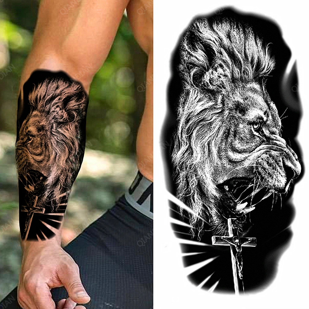 1pc Lion Men Waterproof Tattoos Fake Stickers Arm Cool Black Christ Cross  Transfer Washable - Temporary Tattoos - AliExpress