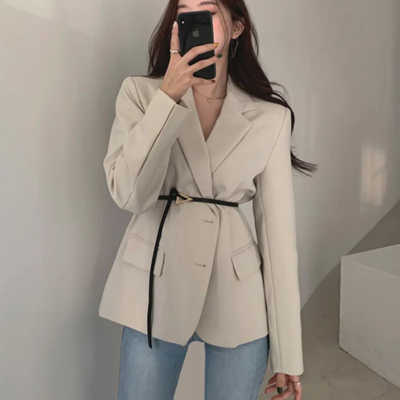 Korean Style Woman Blazer Jacket Coat Notched Collar Pocket Long Sleeve Office Lady Solid Color Slim Suit Outerwear Female