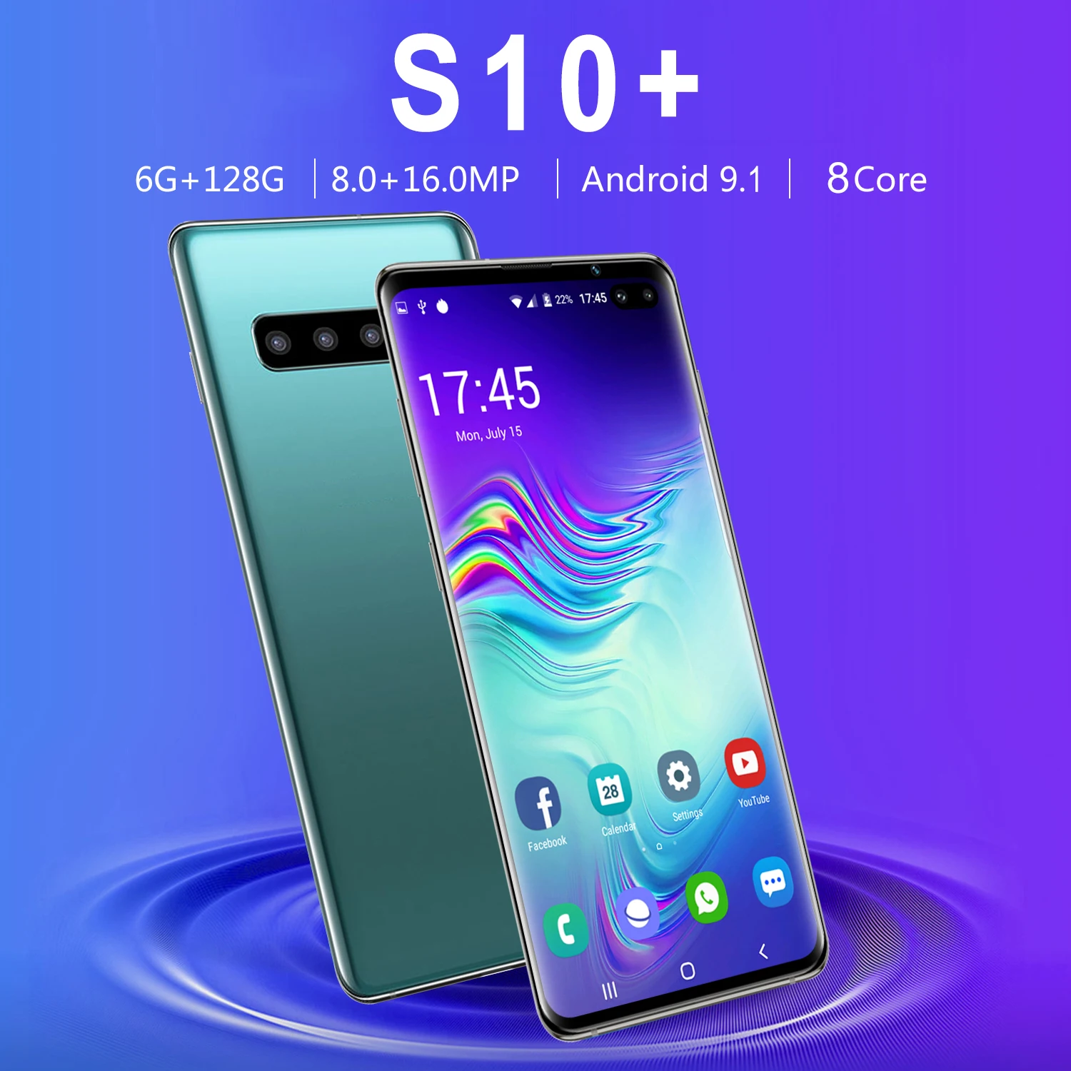 Смартфон S10+, полноэкранный, 6 ГБ+ 128 ГБ, 8 ядер, Android 9,0, Finger Face ID, двойная камера, 4G, смартфон, мобильный телефон, трубка