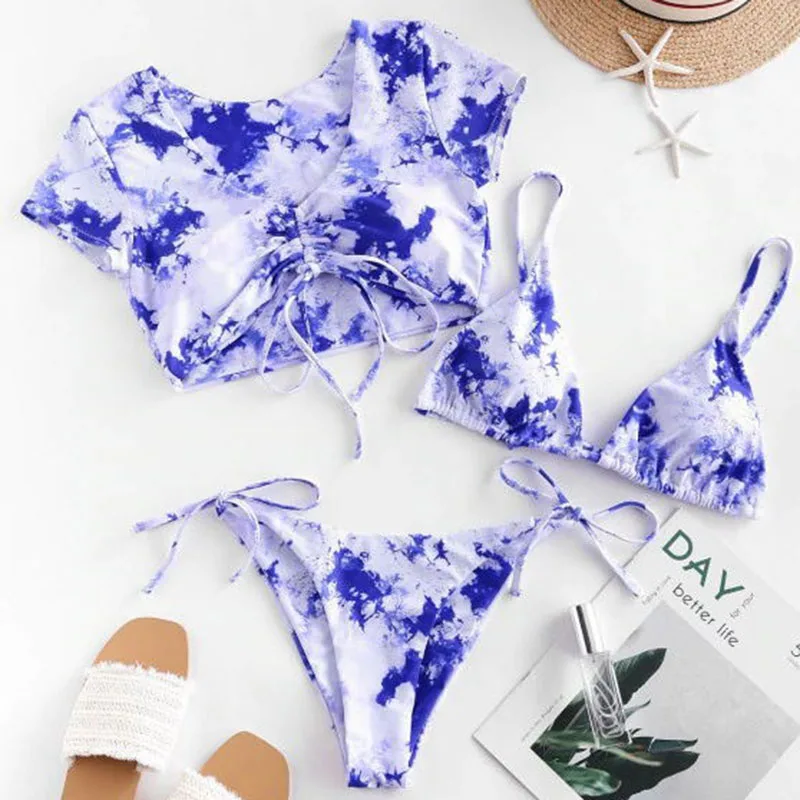 Sexy Thong Swimsuit 3 Pieces Tie Dye Bikini Women Swimwear Halter Swimming Suit String Bathing Suit 2020 Pink Bikini Beach Wear