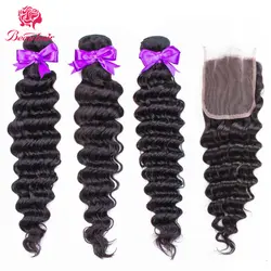 Глубокая волна 3 пучка сделки перуанские пучки волос remy волосы для наращивания человеческие волосы пучки с кружевом Закрытие не