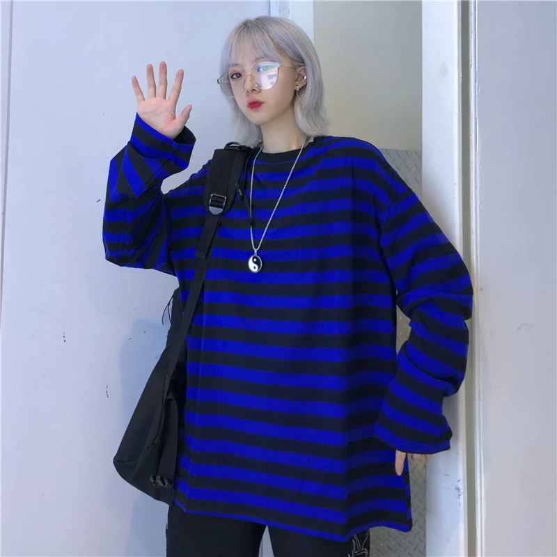 Korean style casual o-neck loose striped long sleeve harajuku Women's Clothing t-shirts fashion brand high quality tops new hot