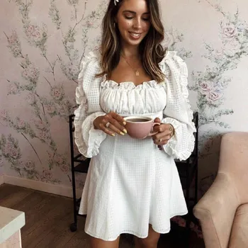 

High Quality 2020 White Spring Holiday Puff Sleeve Cute High Waist Women Beach Mini Dress