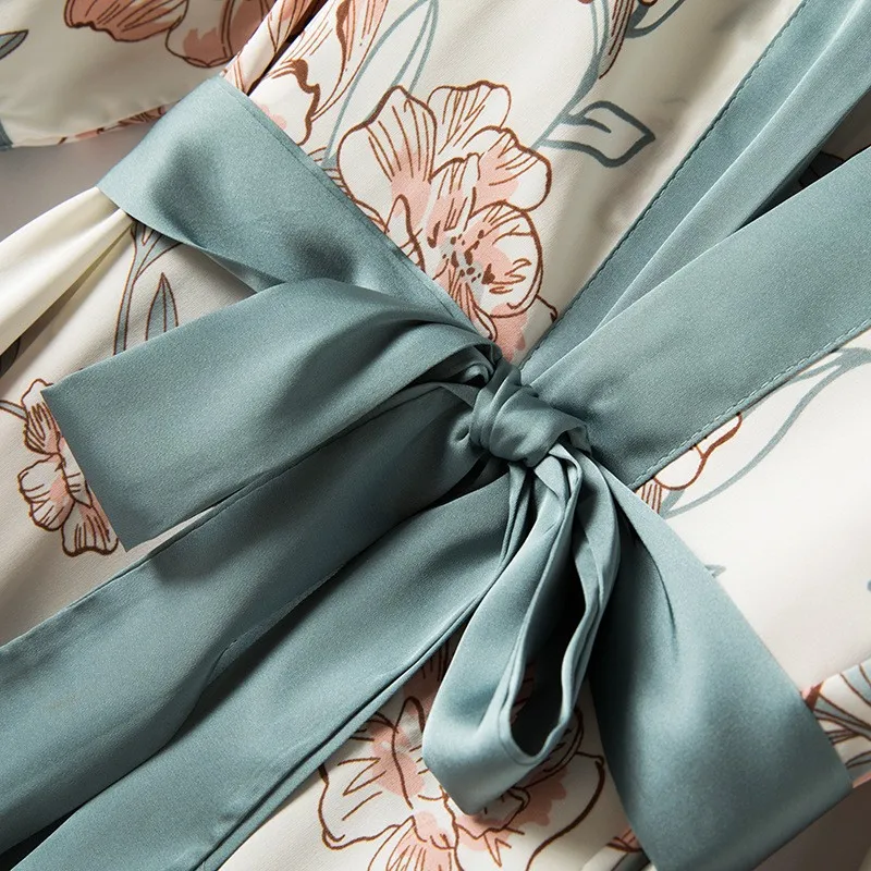 Blue Sleep Set Intimate Lingerie Sexy Nighty&Robe Suit New Women Kimono Bathrobe Gown Satin Print Flower Sleepwear Homewear women sleepwear