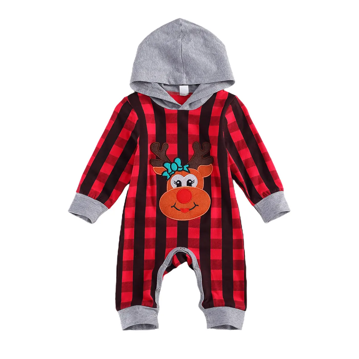 

OPPERIAYA Christmas Lattice autumn casual Jumpsuit Toddler Baby Boys Girls Long Sleeve Reindeer Printing Hooded Romper