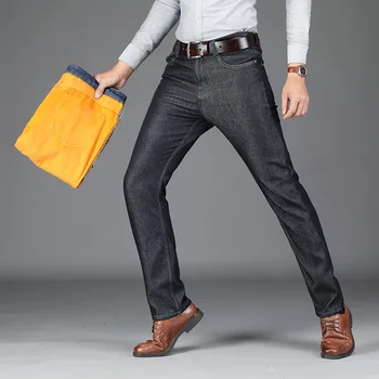 

Odinokov Brand Men Winter Thick Warm Gold Fleece Denim Jeans Washed Wool Pants Plus Size Jeans Men Classic Black Jeans