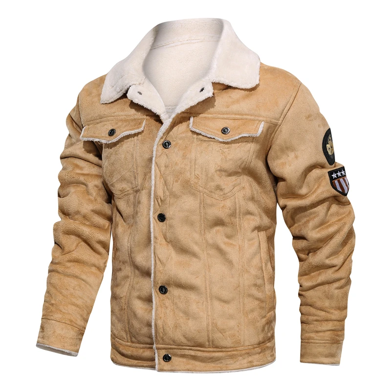 Зимняя куртка-бомбер из искусственной кожи, Мужская мотоциклетная замшевая куртка из плотного бархата, мужская верхняя одежда из искусственного меха ВВС HX053