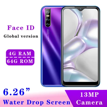 

V10 Global Version 4G RAM 64G ROM Quad Core smartphones 5MP+13MP 6.26" Water Drop screen Android Mobile Phones Face id Unlocked