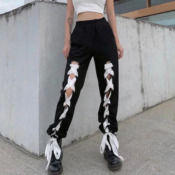 

Sexy Ribbon Cross Bandage Black Cargo Pants Hollow Out Lace Up Y2k Pants High Waist Straight Trousers Women Joggers Pantalon