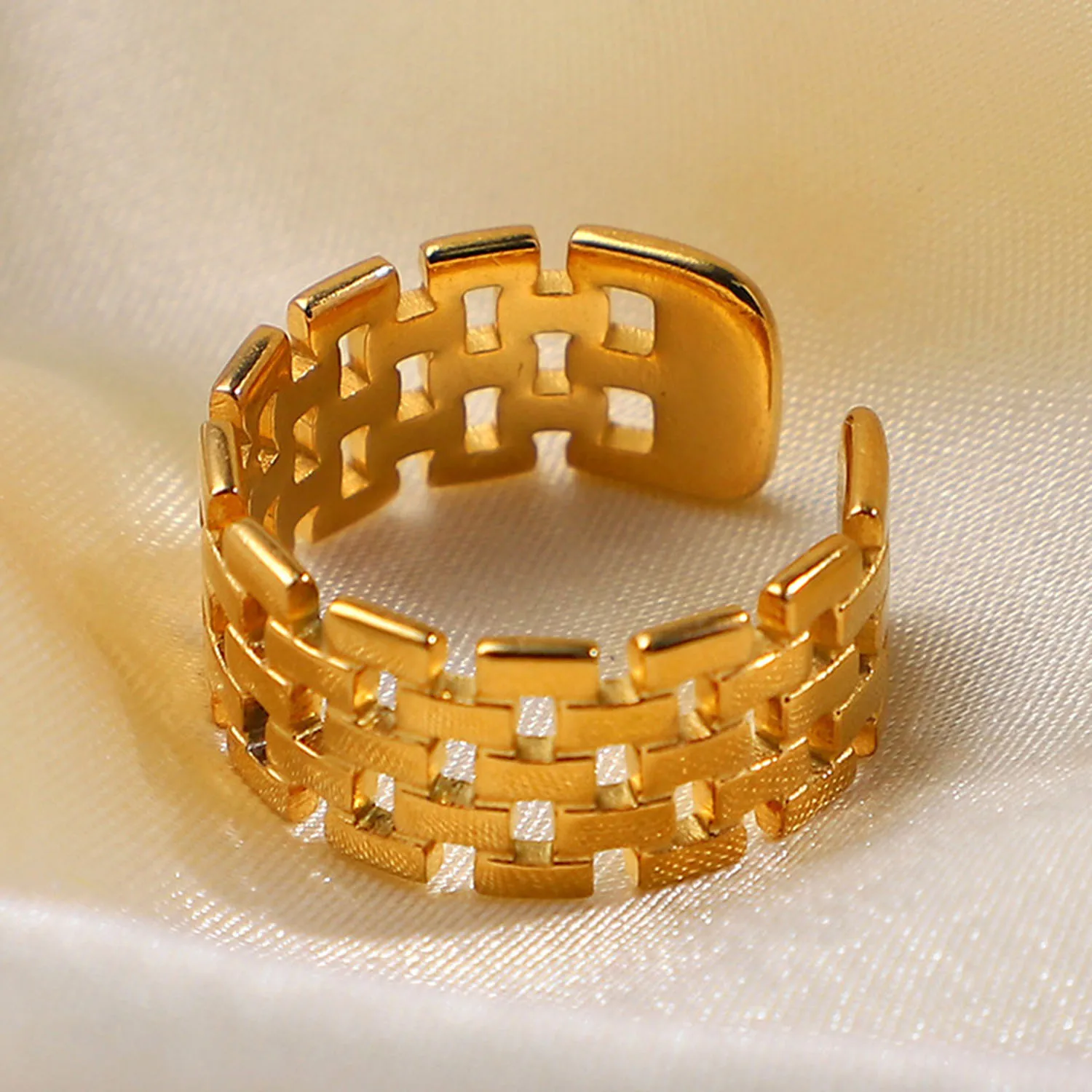 Multi-layer Geometric Brick-shaped Hollow Open Ring Gold Color Wide Punk Style Fashion Adjustable Ring Women Jewelry 2