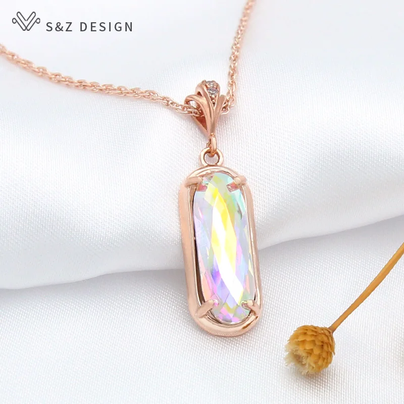 S&Z DESIGN New Oval Egg Shape Crystal Pendant 585 Rose Gold Color Cubic Zirconia Necklace For Women Elegant Wedding Jewelry