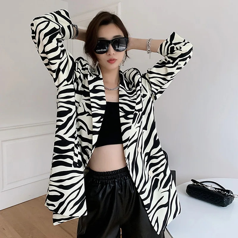 

Vintage Women Zebra Pattern Loose Blazer New Turndown Collar Long Sleeve Female Suit Jacket Spring Autumn 2023 Korean Fashion