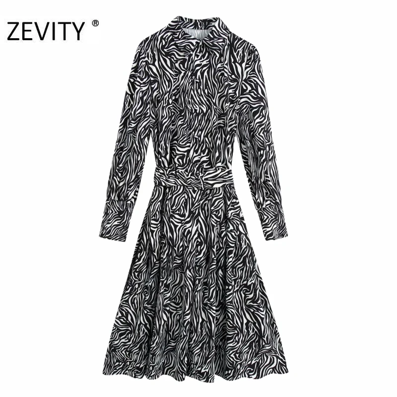 ZEVITY women vintage animal texture print casual slim shirt dress female long sleeve sashes a line vestido chic dresses DS4438