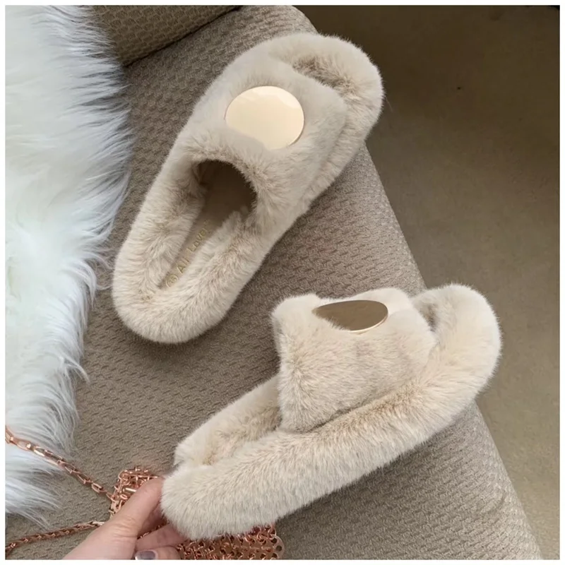 beige 1 SUOJIALUN/Новинка года; зимние женские меховые тапочки; теплые пушистые босоножки с плюшевой подкладкой; женские Вьетнамки без застежки для улицы и дома - Цвет: beige 1