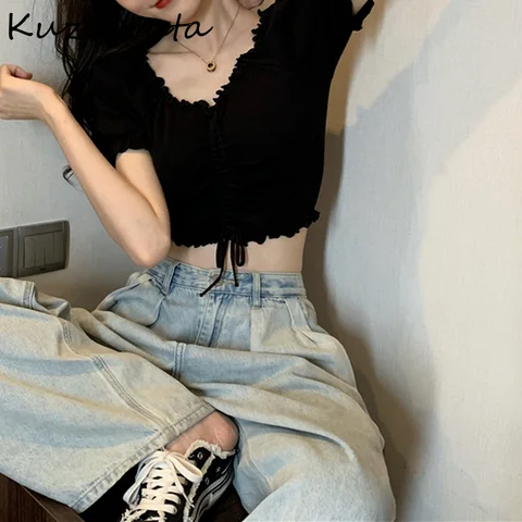 V Neck Short Sleeve Multicolor Shirt Drawstring Design Slim Fit Short Pull Femme Summer 2022 New Sueter Mujer Ol