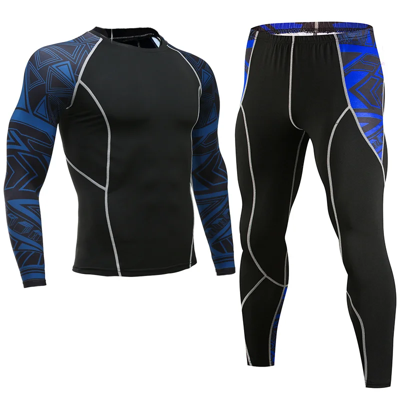 Мужской спортивный комплект для бега компрессионная футболка+ штаны с длинными рукавами Рашгард для фитнеса MMA тренировочная одежда спортивные костюмы для занятия йогой