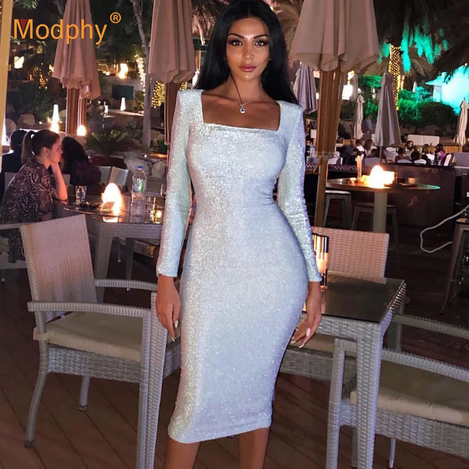 shiny long sleeve bodycon dress