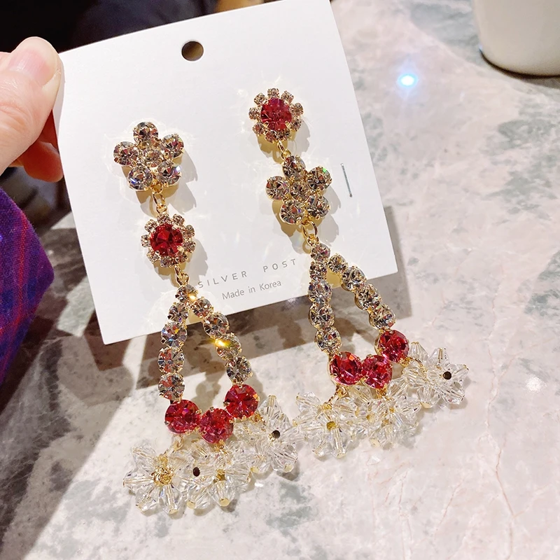 MENGJIQIAO Korean Asymmetric Flower Crystal Long Dangle Earrings For ...