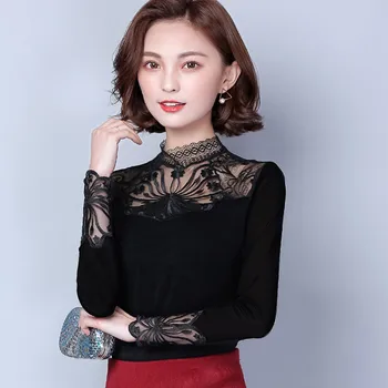 

2020 Korean Women Long Sleeve T-Shirts Hollow Lace See Through O-Neck Solid Tees Tops Elegant Lady Spring Slim Shirts