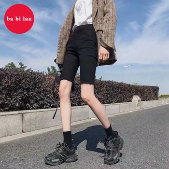 

Five-point denim shorts women's summer 2020 new outfit tide high waist loose black Hong Kong taste straight 5 points mid pants