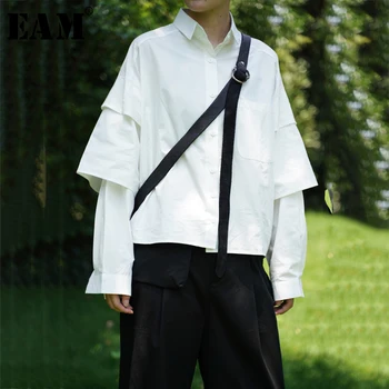 

[EAM] Women Spliced Pocket Causal Blouse New Lapel Long Sleeve Loose Fit Shirt Fashion Tide All-match Spring Autumn 2020 1A285