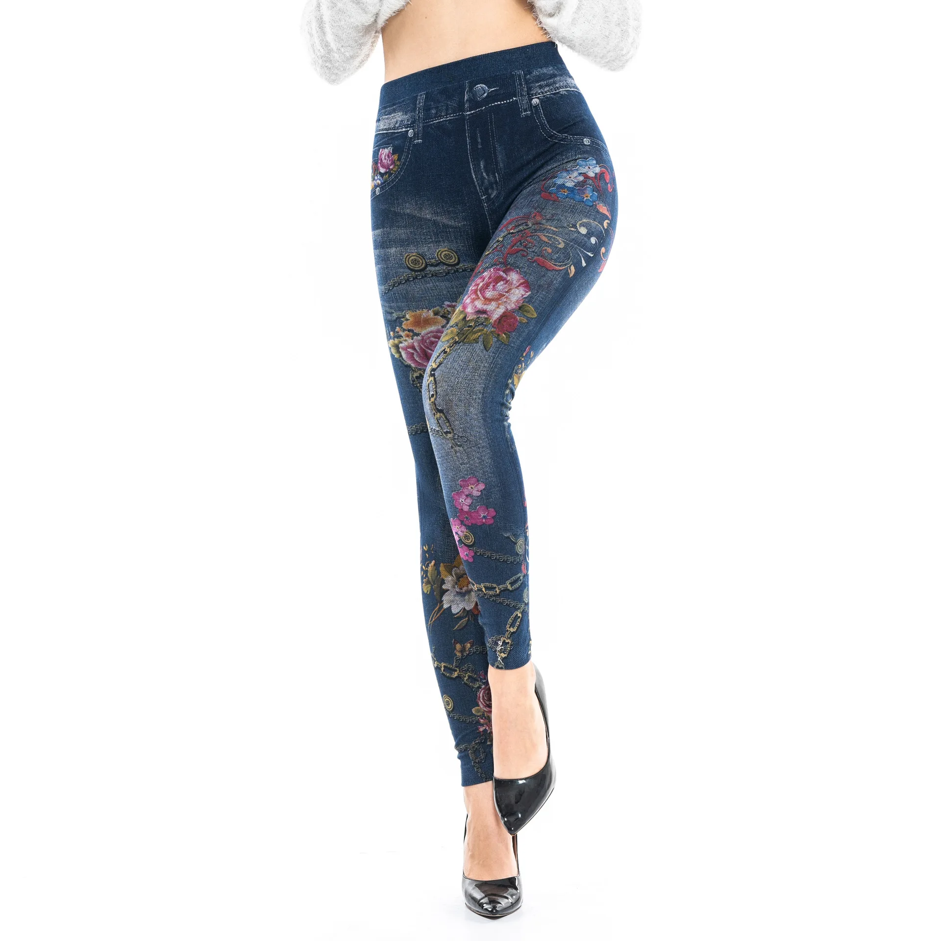 Iron Chain Seamless Pants Printed Sports Artificial Jeans Leggings Women's Fake Cowboy LeggingsJS154