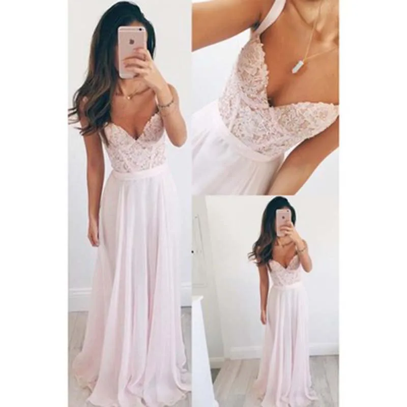 

Long Baby Pink Chiffon Prom Dresses 2019 V Neck Floor Length Sleeveless Evening Gown A-line Top lace Formal Gown