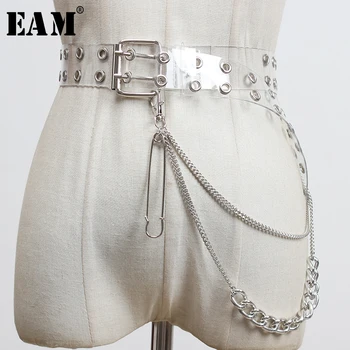 

[EAM] PVC Metal Chain Hollow Out Split Joint Long Wide Belt Personality Women New Fashion Tide All-match Spring 2020 1Y682