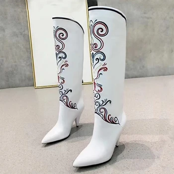 

Long boots Pointed toe real leather knee high boots women spike high heels shoes 2020 winter retro embroidery flowers booties