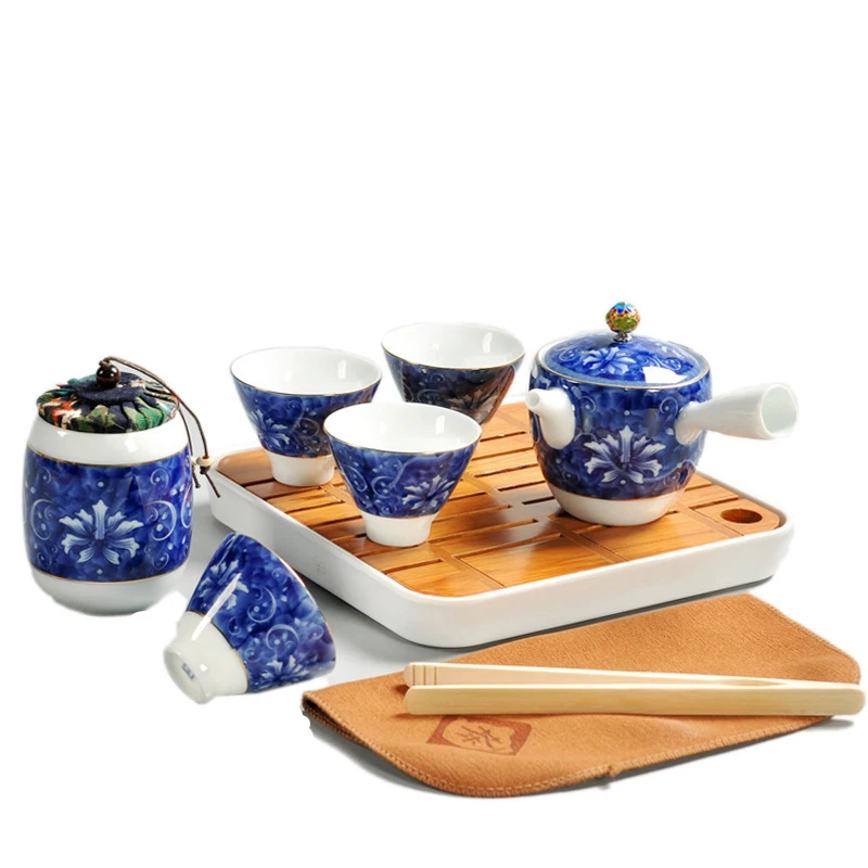 

Travel Tea Set With Tray High-quality Blue and White Porcelain Teapot Teacup With Portable Bag Chinese Kung Fu Tea Set Drinkware