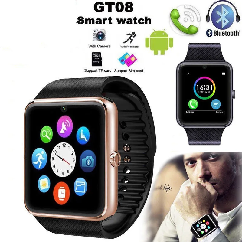 Золотой GT08 Bluetooth Смарт часы телефон Android IOS сенсорный экран поддержка sim-карты TF карта памяти с камерой Смарт часы GT08 часы - Цвет: Золотой