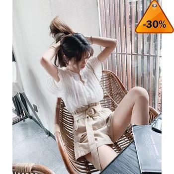 

Casual Summer New Cotton Frilled Singel-breasted Vertical Stripes Blouse Shirt Tops Women