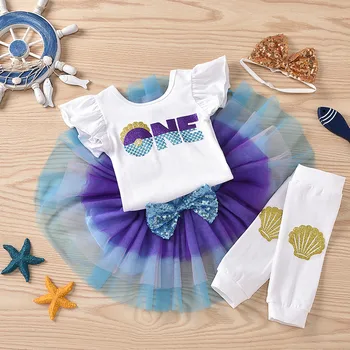 

4PCS 0-12 Months Toddler Baby Kid Girls Summer Print Romper Tulle Skirt Princess Set Outfits Shorts Sleeve baby girls clothes