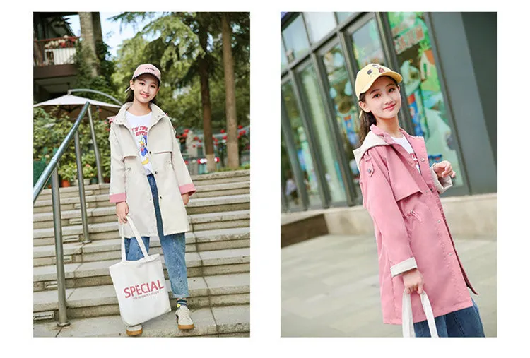 Корейский Стильный Длинный плащ с капюшоном для девочек-подростков детский Тренч Женская худи пальто для девочек верхняя одежда для маленьких девочек от 4 до 15 лет