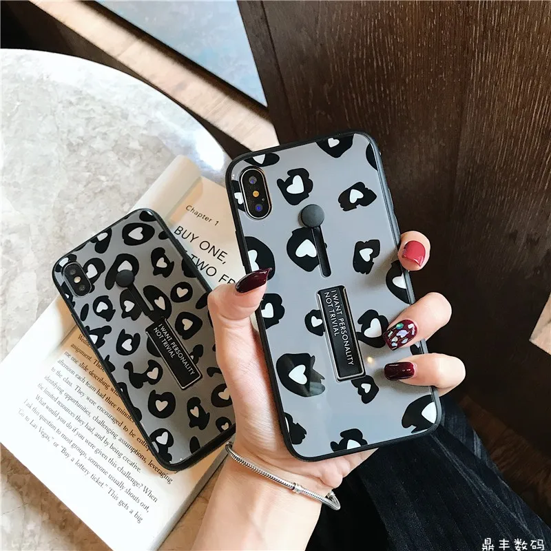 

Case for IPhone 7 X XR 8 6S XS 6 Luxury Fashion Heart Leopard Print Loop Ring Case for Iphone 8 7 6 Plus Glass Mirror Loop Case